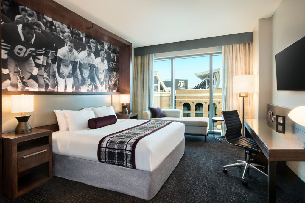 Aggie themed hotel room overlooking Kyle Field