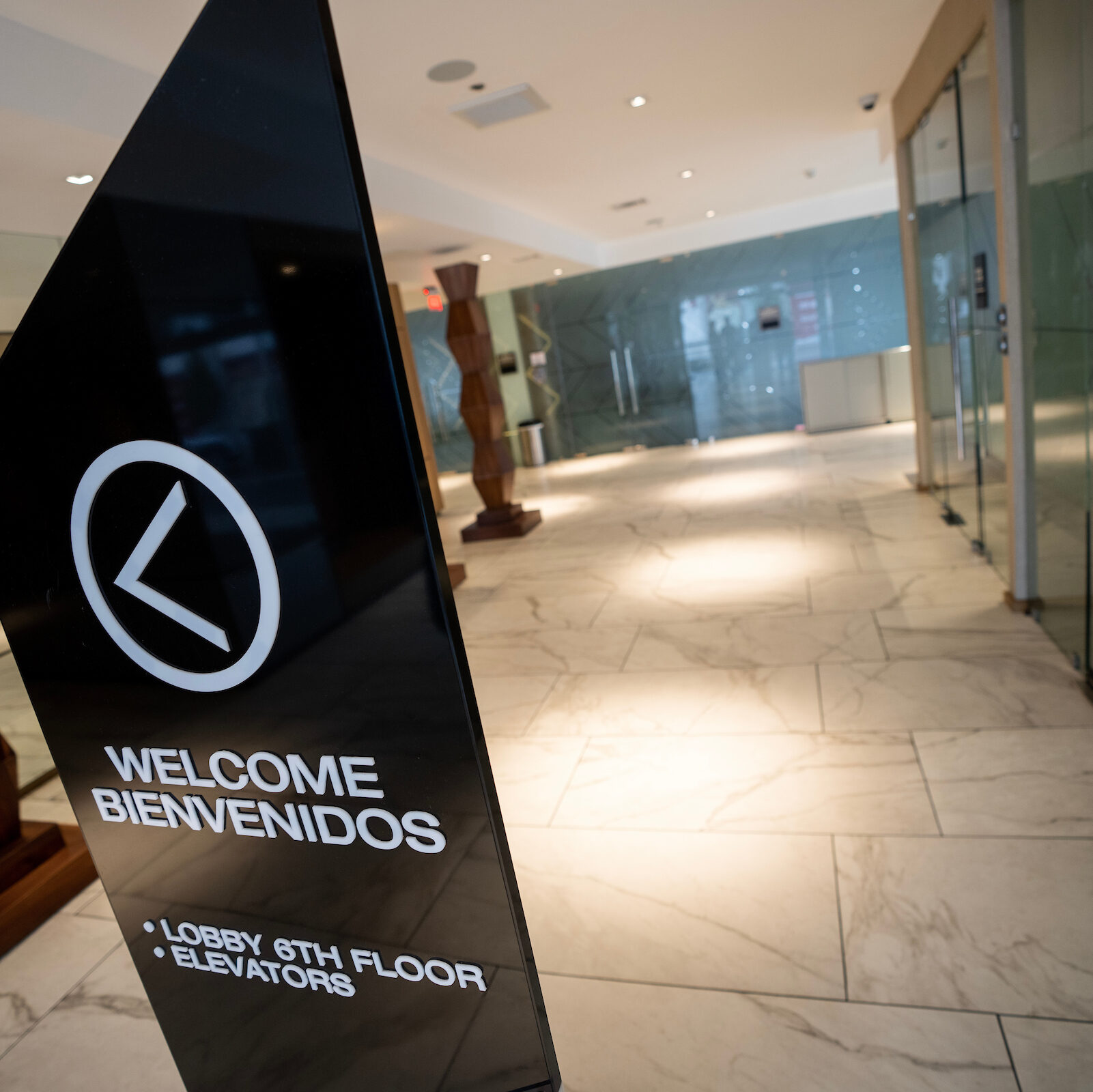A welcome sign inside a hotel. 