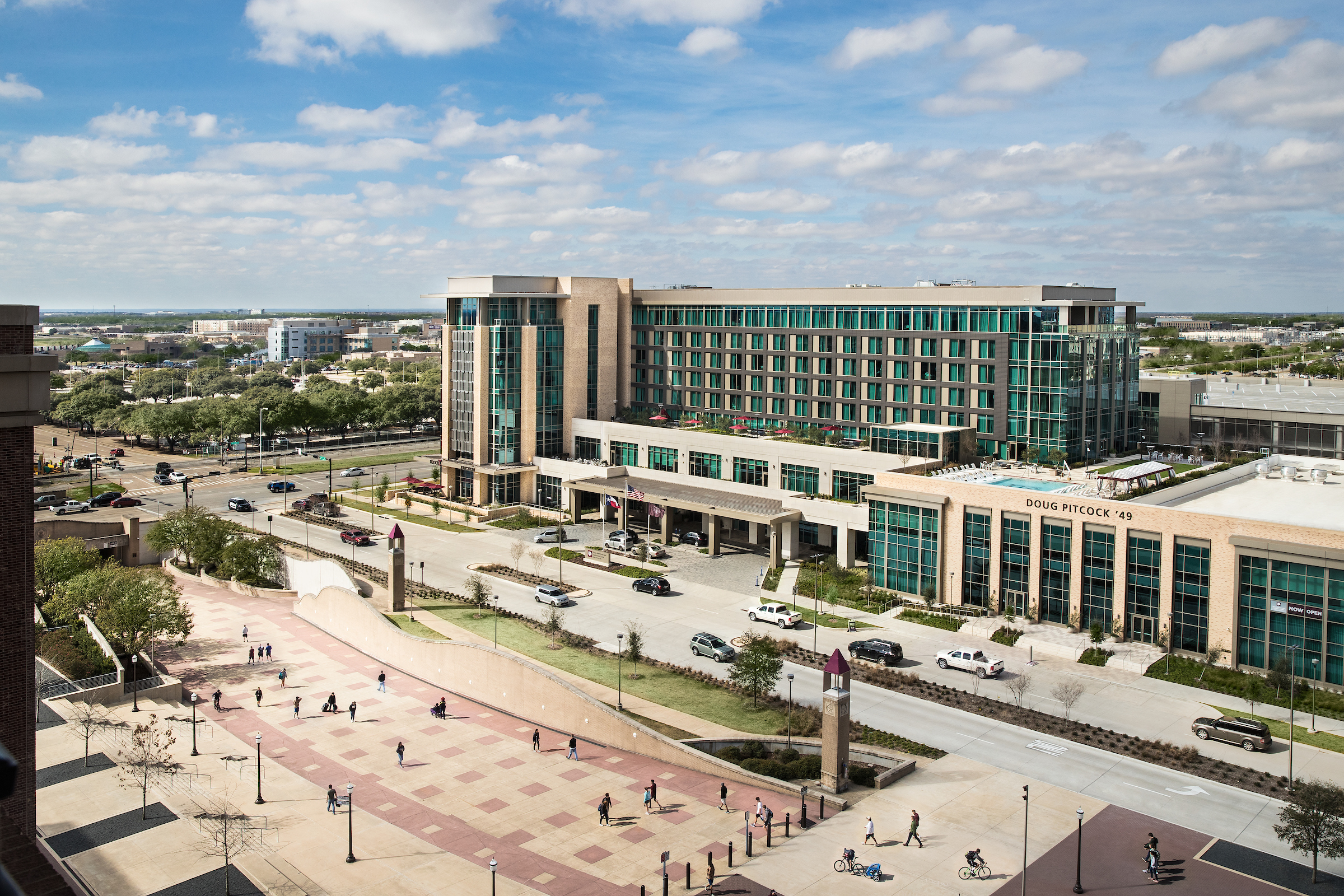 Texas Au0026M University skyline with a fouc on the Hotel and Conference Center.