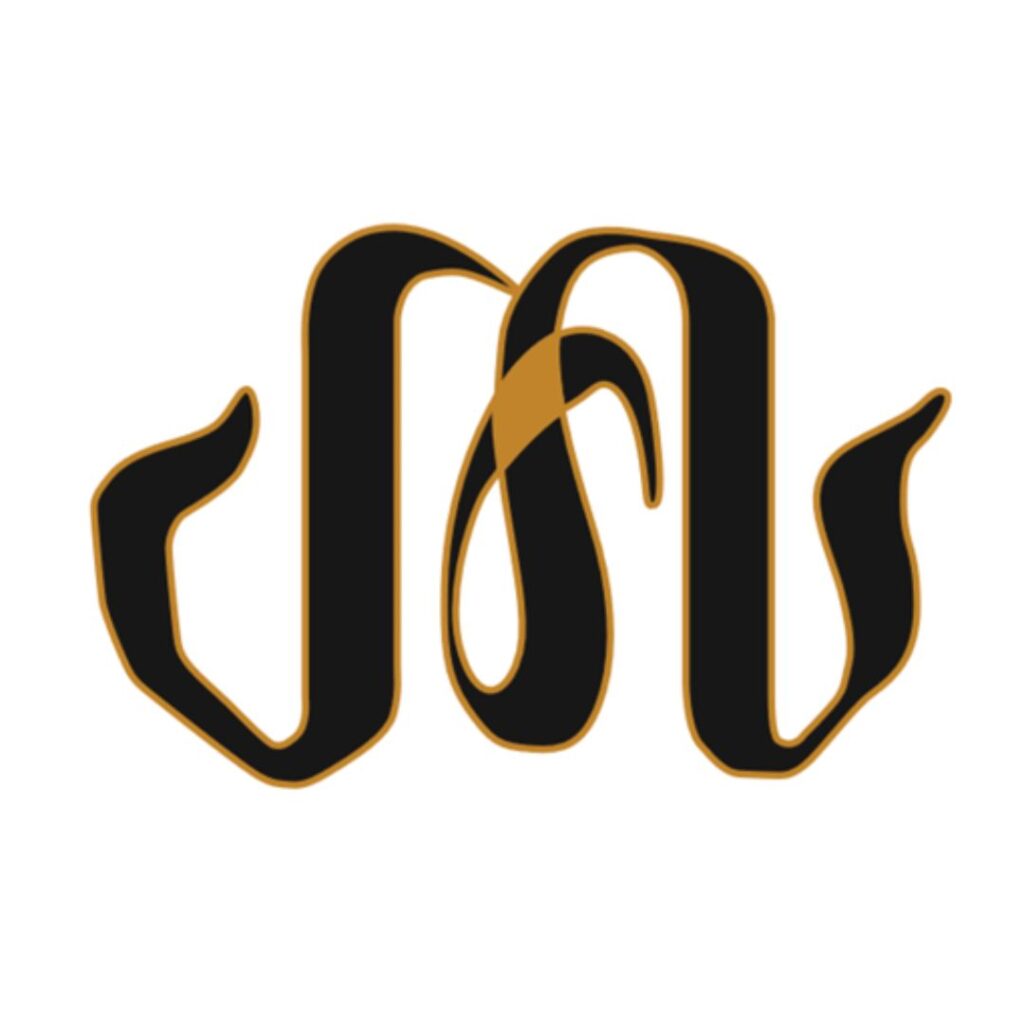 Black and gold stylized monogram logo with curving letterforms, resembling an abstract "M" or "W".